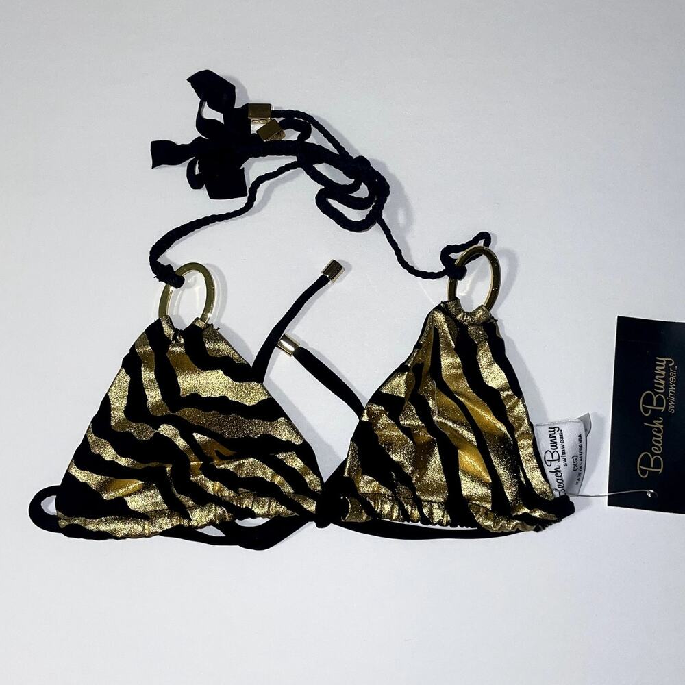 Beach Bunny Take The Reigns Bikini Top Womens XS Gold Black Zebra Triangle Ring